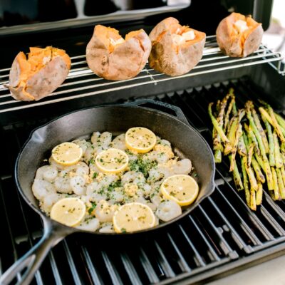 Shrimp, asparagus, and sweet potatoes on the grill.