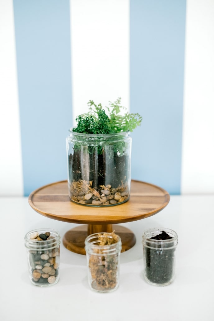 DIY Terrarium with jars of supplies.